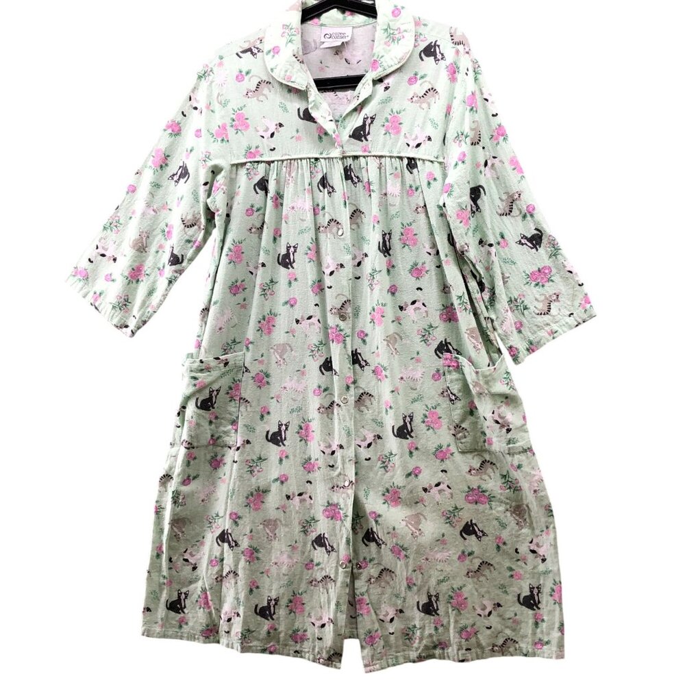 Cozee Corner Flannel Nightgown Womens L Cat Print Green‎ Cat Lady Floral